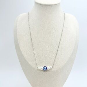 Silver Tone Chain Necklace with Evil Eye and Faux Pearl Beads